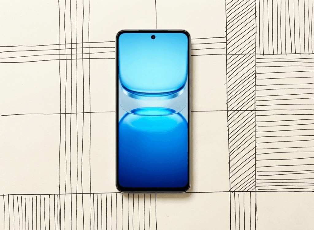 iQOO Z11x (I2507) Appears on Geekbench With Dimensity 7400 iQOO Z11x smartphone with a blue-toned wallpaper, lying on a light surface with black abstract line patterns.