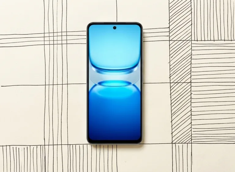 iQOO Z11x smartphone with a blue-toned wallpaper, lying on a light surface with black abstract line patterns.