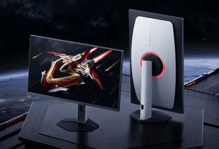 Xiaomi Mini LED G Pro 27Qi (2026) gaming monitor: front view shows vivid mecha-themed gameplay on 27-inch 2K 180Hz Fast IPS display; rear view features sleek white chassis with red accent lighting, "Xiaomi" and "Mini LED" branding, paired with minimalist stand. Boasts 2000nits brightness, 1152 local dimming zones, HDR1000 support, and versatile connectivity.