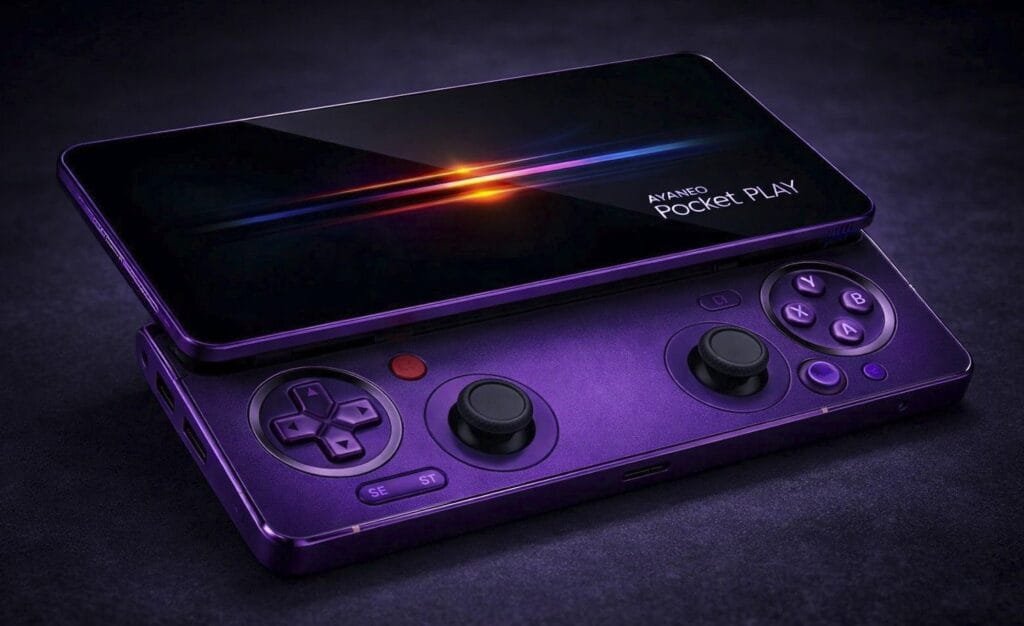 Purple AYANEO Pocket Play sliding handheld gaming console with a large display and slide-out controls, including dual analog sticks, D-pad, and ABXY buttons.