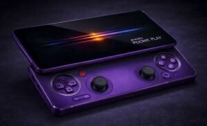 Purple AYANEO Pocket Play sliding handheld gaming console with a large display and slide-out controls, including dual analog sticks, D-pad, and ABXY buttons.