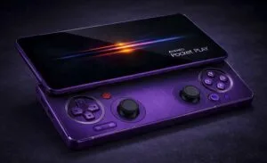 AYANEO Pocket Play Will Be Powered by MediaTek Dimensity 9300 Processor Purple AYANEO Pocket Play sliding handheld gaming console with a large display and slide-out controls, including dual analog sticks, D-pad, and ABXY buttons.