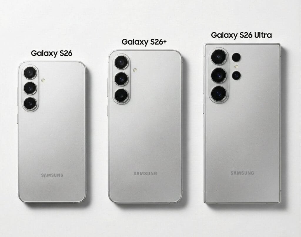 Rear view of silver Samsung Galaxy S26, Galaxy S26+, and Galaxy S26 Ultra smartphones displayed side by side, showing their camera setups and design differences