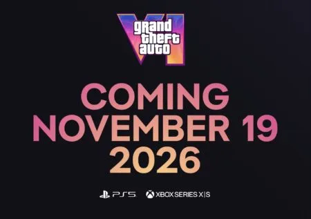 Promotional graphic for Grand Theft Auto VI with the game’s logo at the top, large text stating 'COMING NOVEMBER 19 2026' in pink and orange gradient, and PlayStation 5 and Xbox Series X/S logos at the bottom indicating launch platforms. Background is solid black.