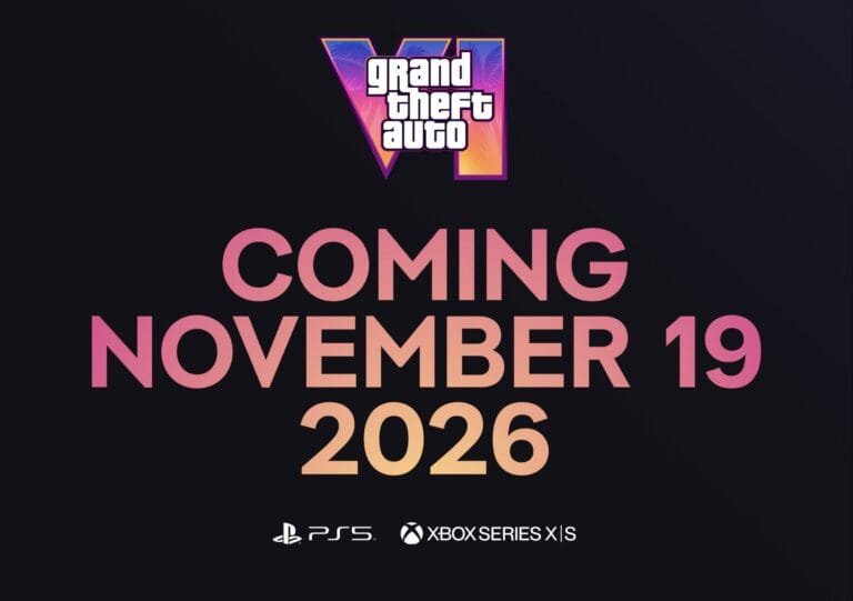 Take-Two Confirms GTA 6 Will Launch November 19, 2026 With Physical Copies Promotional graphic for Grand Theft Auto VI with the game’s logo at the top, large text stating 'COMING NOVEMBER 19 2026' in pink and orange gradient, and PlayStation 5 and Xbox Series X/S logos at the bottom indicating launch platforms. Background is solid black.