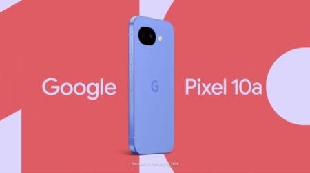 Promotional image of the Google Pixel 10a showing the blue-colored phone from the rear, featuring a single camera module, with “Google Pixel 10a” text on a red background and a note indicating pre-orders start on February 18, 2026.