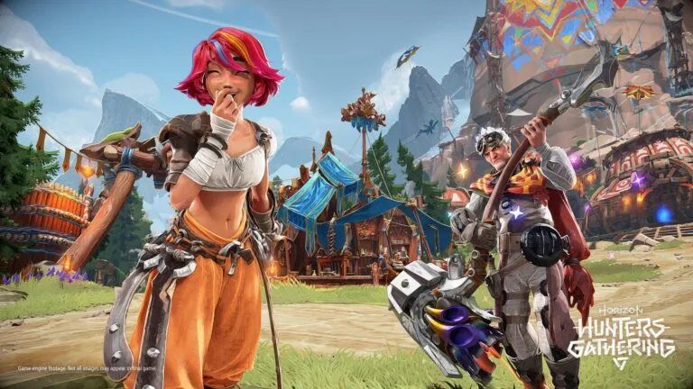 Horizon Hunters Gathering game engine footage. Two fantasy characters—one with pink hair and bow, one armored with mechanical weapon—in vibrant open-world village with rocky cliffs, tents, and mountains. Action/adventure game.