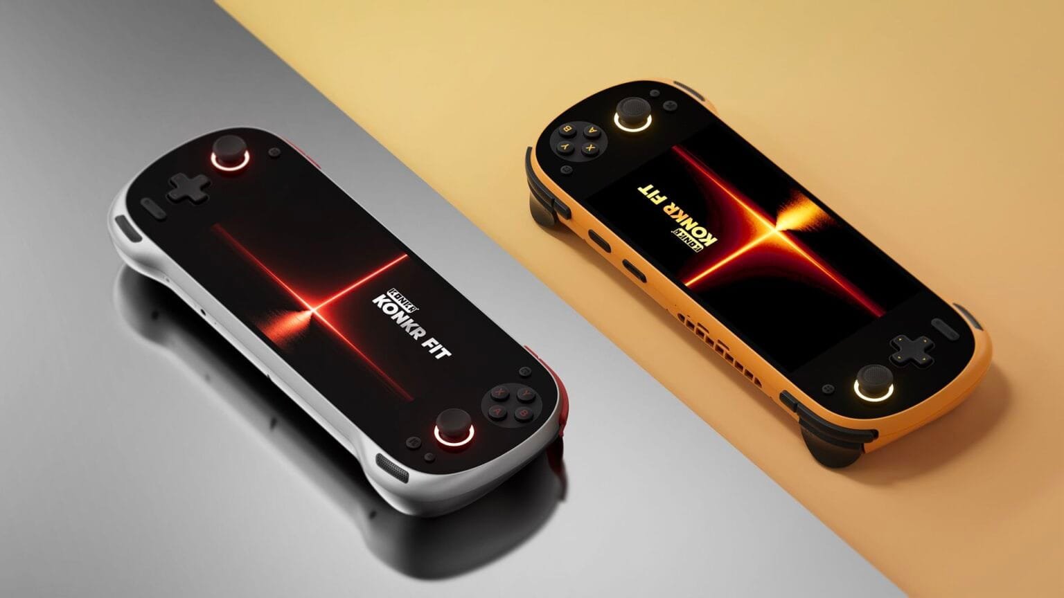 Two KONKR FIT handheld gaming consoles, one in Luminous Silver and one in Dragonveil Gold, resting on a split-tone reflective surface.