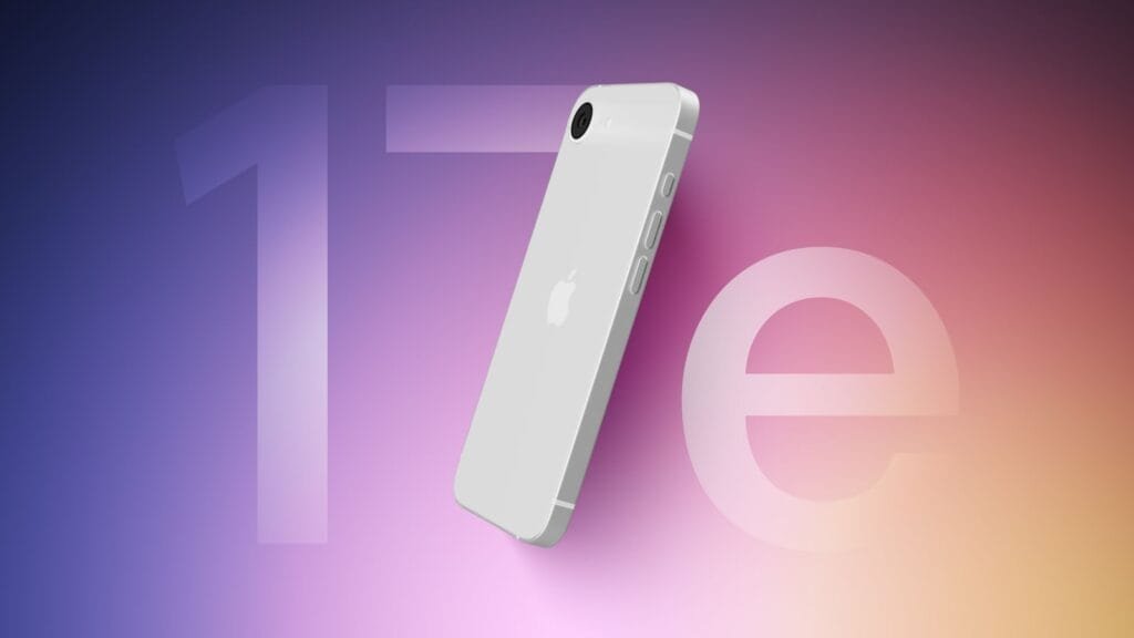 Rear view render of a white iPhone with a single camera, flat edges, and Apple logo, shown at an angle against a colorful gradient background with a large “17e” text behind it.