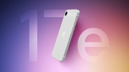 Rear view render of a white iPhone with a single camera, flat edges, and Apple logo, shown at an angle against a colorful gradient background with a large “17e” text behind it.