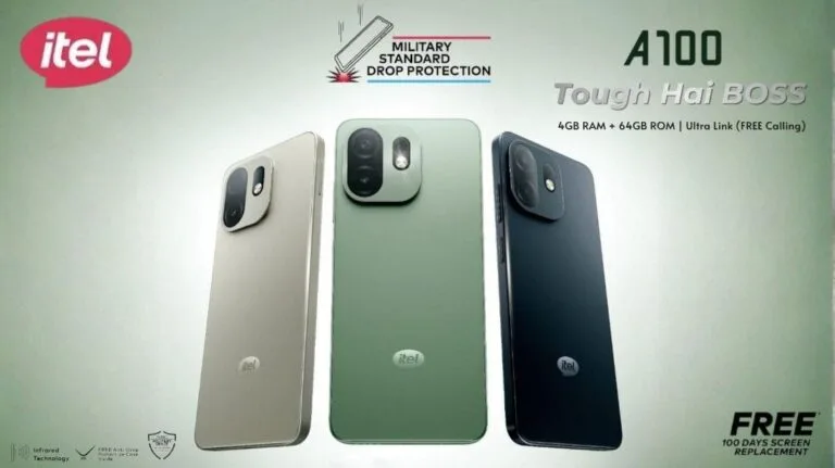 Three itel A100 smartphones (Titanium Gold, Silk Green, Pure Black) shown from the back. Features highlighted: Military Standard Drop Protection, 4GB/64GB, Ultra Link free calling, 100-day free screen replacement.