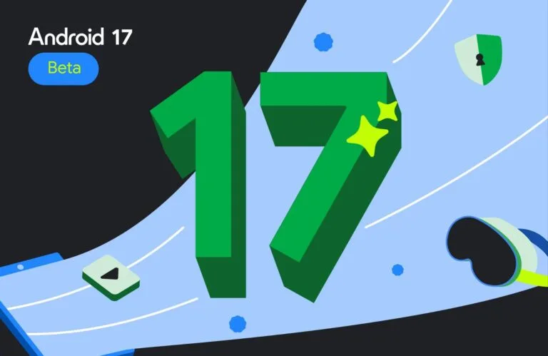 Illustration promoting Android 17 Beta, featuring a large green “17” centered on a blue abstract background, with a shield security icon and small graphic elements surrounding it.