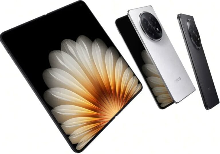 OPPO Find N6 foldable smartphone shown in unfolded and folded views, featuring a large inner display with a petal-inspired wallpaper, slim bezels, a metallic frame, and a circular rear camera module on the back.