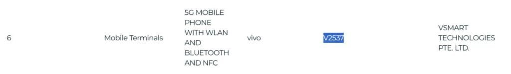 A snippet from a certification document, likely an IMDA listing, showing an entry for a '5G MOBILE PHONE WITH WLAN AND BLUETOOTH AND NFC' manufactured by 'vivo' under the model number 'V2537' for 'VSMART TECHNOLOGIES PTE. LTD.'.