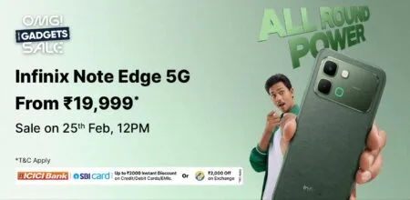 Infinix Note Edge 5G Price in India Starts at Rs 21,999 Infinix Note Edge 5G sale banner showing the green smartphone design, “All Round Power” tagline, and launch offer starting from ₹19,999, with sale date on February 25 at 12 PM and bank discount details.