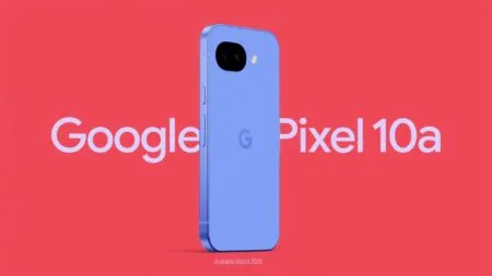 Pixel 10a Officially Launched Globally, Prices Start at $499 A blue-purple Google Pixel 10a phone stands against a red background with "Google Pixel 10a" text, featuring a camera bump and "G" logo on the back, and "Available March 2026" below.
