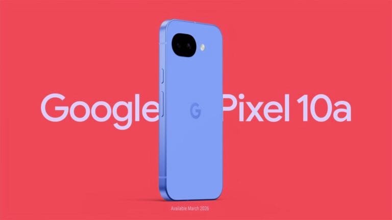 A blue-purple Google Pixel 10a phone stands against a red background with "Google Pixel 10a" text, featuring a camera bump and "G" logo on the back, and "Available March 2026" below.
