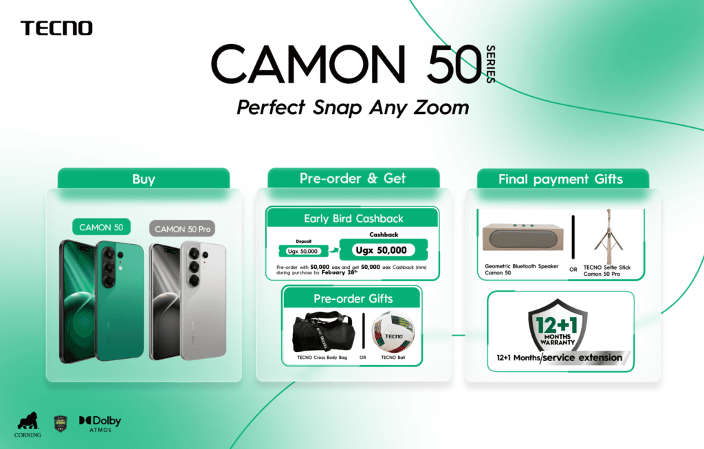 TECNO Camon 50 Series promotional graphic with tagline 'Perfect Snap Any Zoom'. Shows Camon 50 (teal) and Camon 50 Pro (silver/black) phones. Sections detail 'Buy' options, pre-order perks (UGX 50,000 deposit for UGX 50,000 cashback, cross bag or ball), and final payment gifts (Bluetooth speaker or selfie stick, 12+1 month warranty). Logos for Corning and Dolby Atmos at bottom.