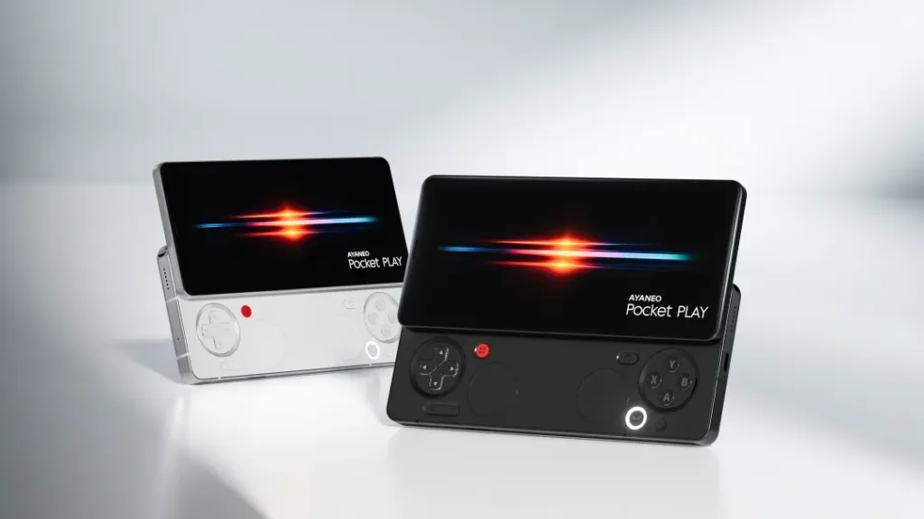 AYANEO Pocket Play shown in white and black variants, featuring a sliding design with a full-screen display and hidden gaming controls underneath.