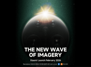 A close-up of a circular camera module with four lenses and "LEICA" branding, against a dark, starry background. A bright light shines from the top of the module, creating a lens flare. Text on the image reads "THE NEW WAVE OF IMAGERY," "Xiaomi Launch February 2026," and "Barcelona | 28.02.2026 | 21:00 GMT+8 | Join us on [Facebook icon] [Mi.com logo].