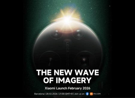 A close-up of a circular camera module with four lenses and "LEICA" branding, against a dark, starry background. A bright light shines from the top of the module, creating a lens flare. Text on the image reads "THE NEW WAVE OF IMAGERY," "Xiaomi Launch February 2026," and "Barcelona | 28.02.2026 | 21:00 GMT+8 | Join us on [Facebook icon] [Mi.com logo].