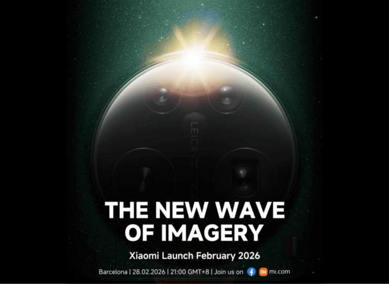 A close-up of a circular camera module with four lenses and "LEICA" branding, against a dark, starry background. A bright light shines from the top of the module, creating a lens flare. Text on the image reads "THE NEW WAVE OF IMAGERY," "Xiaomi Launch February 2026," and "Barcelona | 28.02.2026 | 21:00 GMT+8 | Join us on [Facebook icon] [Mi.com logo].