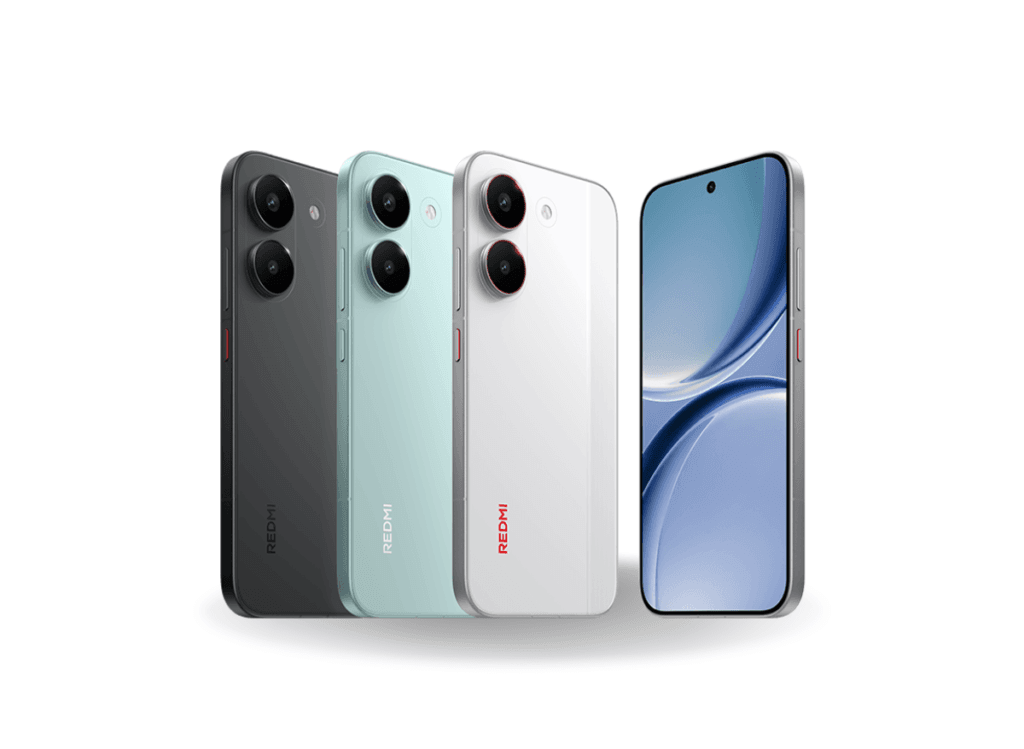 Poco X8 Pro & Poco X8 Pro Max Appear on TDRA Certification for Global Launch A professional product render of the Redmi Turbo 5 smartphone shown in three colors: Shadow Black, Light Sea Green, and Auspicious Cloud White. The image displays the flat back panels of three units, highlighting their vertically aligned dual-camera lenses, alongside a fourth unit facing forward to show a flat AMOLED display with a centered punch-hole camera and slim bezels.