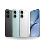 A professional product render of the Redmi Turbo 5 smartphone shown in three colors: Shadow Black, Light Sea Green, and Auspicious Cloud White. The image displays the flat back panels of three units, highlighting their vertically aligned dual-camera lenses, alongside a fourth unit facing forward to show a flat AMOLED display with a centered punch-hole camera and slim bezels.