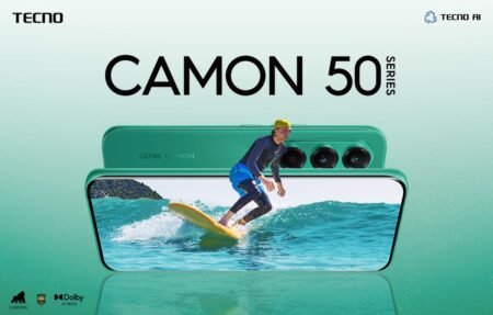 TECNO Camon 50 Series promotional image. Features a teal-colored smartphone with a triple rear camera setup; the screen displays a surfer riding waves. Logos for TECNO AI, Corning, and Dolby Atmos appear at the bottom; the background is a light green gradient.