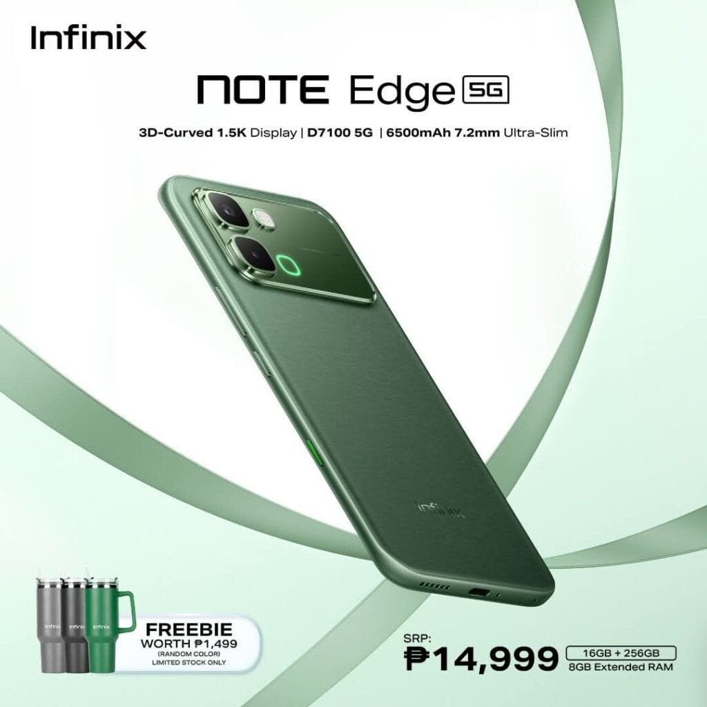 Infinix Note Edge Arrives in the Philippines with a Suggested Retail Price of PHP 14,999 1 Official product poster of the Infinix Note Edge 5G in green color, showing the rear design with dual cameras and LED ring, 3D-curved 1.5K display branding, MediaTek Dimensity 7100 5G, 6500mAh ultra-slim build, SRP of PHP 14,999 for the 16GB plus 256GB variant, and a free tumbler worth PHP 1,499.