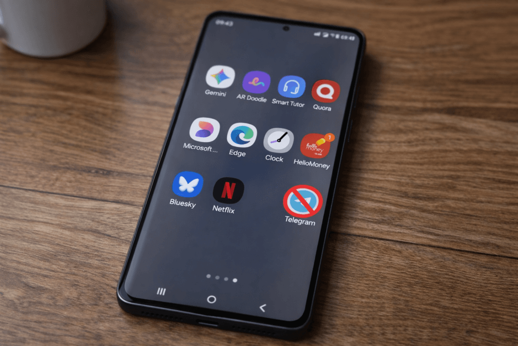 Telegram Faces Potential Ban in Philippines Due to Illegal Content Samsung Galaxy S25 smartphone placed on a wooden table, showing a home screen with app icons including Gemini, AR Doodle, Smart Tutor, Quora, Microsoft apps, Edge, Clock, HelloMoney with a notification badge, Bluesky, Netflix, and a Telegram app icon marked with a red blocked symbol.