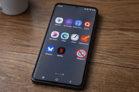 Telegram Faces Potential Ban in Philippines Due to Illegal Content Samsung Galaxy S25 smartphone placed on a wooden table, showing a home screen with app icons including Gemini, AR Doodle, Smart Tutor, Quora, Microsoft apps, Edge, Clock, HelloMoney with a notification badge, Bluesky, Netflix, and a Telegram app icon marked with a red blocked symbol.