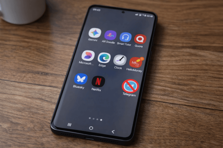 Telegram Faces Potential Ban in Philippines Due to Illegal Content Samsung Galaxy S25 smartphone placed on a wooden table, showing a home screen with app icons including Gemini, AR Doodle, Smart Tutor, Quora, Microsoft apps, Edge, Clock, HelloMoney with a notification badge, Bluesky, Netflix, and a Telegram app icon marked with a red blocked symbol.
