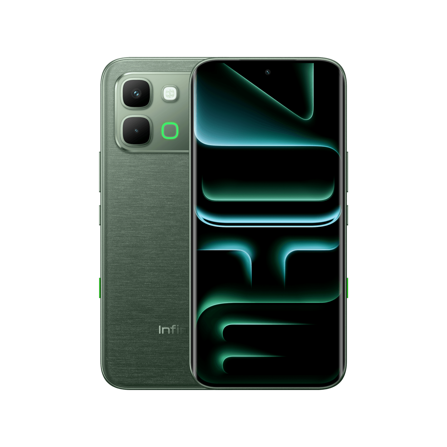 Front and back view of the Infinix Note Edge smartphone in a green finish. The back panel features a textured design with a dual-camera setup and LED flash inside a rectangular camera module, along with a glowing green accent element. The front displays a large edge-to-edge screen with a centered punch-hole selfie camera and a neon green abstract wallpaper on a black background.