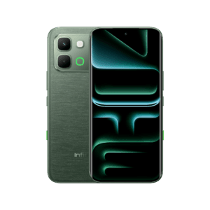 Front and back view of the Infinix Note Edge smartphone in a green finish. The back panel features a textured design with a dual-camera setup and LED flash inside a rectangular camera module, along with a glowing green accent element. The front displays a large edge-to-edge screen with a centered punch-hole selfie camera and a neon green abstract wallpaper on a black background.