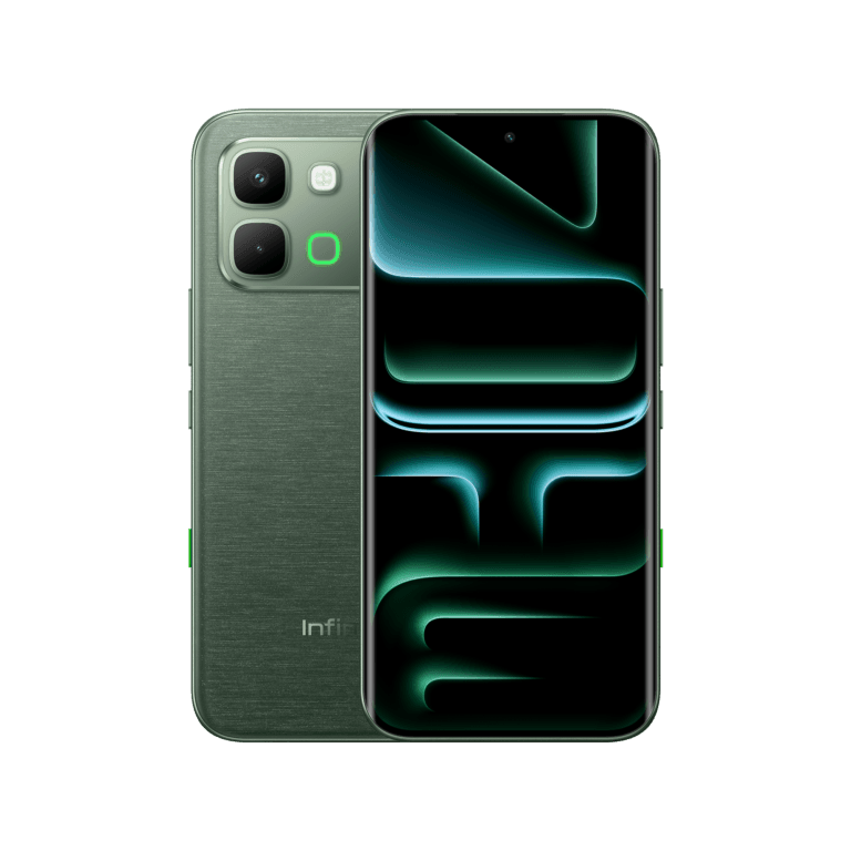Infinix Note Edge Front and back view of the Infinix Note Edge smartphone in a green finish. The back panel features a textured design with a dual-camera setup and LED flash inside a rectangular camera module, along with a glowing green accent element. The front displays a large edge-to-edge screen with a centered punch-hole selfie camera and a neon green abstract wallpaper on a black background.