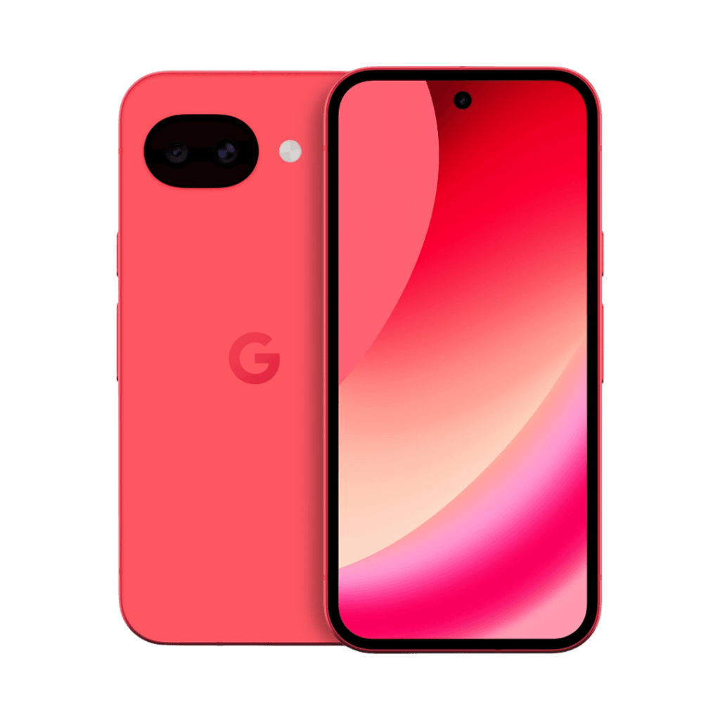 A vibrant coral-red Google Pixel 10a is depicted with its back facing the viewer, showcasing two cameras and a flash in the upper left corner, along with the Google "G" logo centered on the back. To its right, the front of the phone is visible, displaying a colorful red and pink abstract background on the screen with a punch-hole camera at the top center.