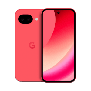 A vibrant coral-red Google Pixel 10a is depicted with its back facing the viewer, showcasing two cameras and a flash in the upper left corner, along with the Google "G" logo centered on the back. To its right, the front of the phone is visible, displaying a colorful red and pink abstract background on the screen with a punch-hole camera at the top center.