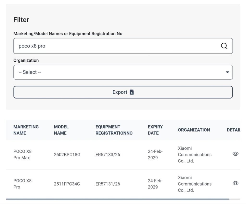 Poco X8 Pro & Poco X8 Pro Max Appear on TDRA Certification for Global Launch 1 Filter screen showing search for 'poco x8 pro' with results table listing two Xiaomi devices (POCO X8 Pro Max and POCO X8 Pro) and their registration/expiry details.
