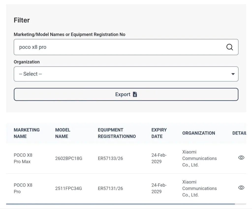 Filter screen showing search for 'poco x8 pro' with results table listing two Xiaomi devices (POCO X8 Pro Max and POCO X8 Pro) and their registration/expiry details.