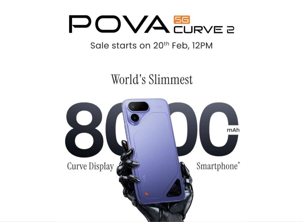 Tecno Pova Curve 2 5G promotional image showing the purple smartphone held by a robotic hand, highlighting an 8000mAh battery, curved display, and sale date starting February 20.