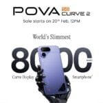 Tecno Pova Curve 2 5G Price in India Starts at Rs 27,999 2 Tecno Pova Curve 2 5G promotional image showing the purple smartphone held by a robotic hand, highlighting an 8000mAh battery, curved display, and sale date starting February 20.
