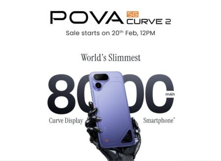 Tecno Pova Curve 2 5G Price in India Starts at Rs 27,999 Tecno Pova Curve 2 5G promotional image showing the purple smartphone held by a robotic hand, highlighting an 8000mAh battery, curved display, and sale date starting February 20.