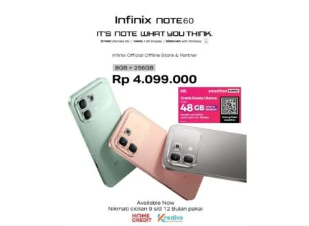 Infinix NOTE 60 & Note 60 Pro Price in Indonesia, Specs, and Philippine Availability A sales advertisement showing the phone in green, gold, and gray, priced at Rp 4.099.000 with a 48GB data bonus.