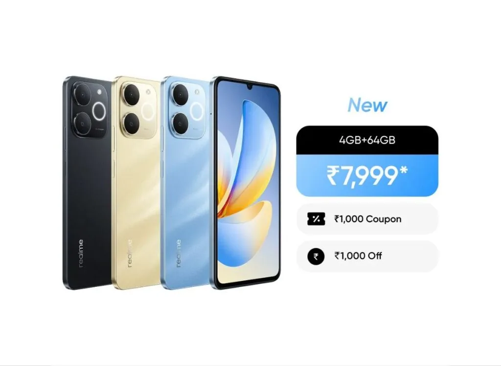 Realme P4 Lite 4G Price in India Starts at Rs 9,999 1 The image displays three Realme smartphones in different colors: black, gold, and light blue. The phones have a similar design with a dual-camera setup on the back. To the right of the phones, a graphic highlights a "New" offer for a 4GB+64GB variant priced at ₹7,999. The offer also includes a ₹1,000 coupon and an additional ₹1,000 off.