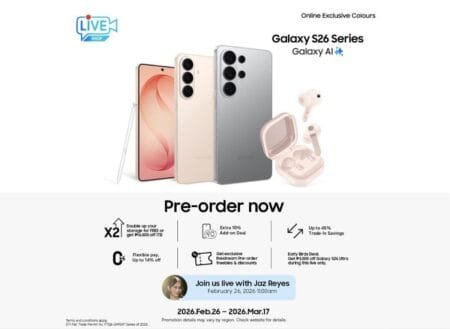 Samsung Galaxy S26 Price in the Philippines Starts at PHP 58,990 Promotional graphic for Samsung Galaxy S26 Series with Galaxy AI. Shows phones in various colors (including online exclusives) and wireless earbuds. 'LIVE SHOP' logo present. Pre-order offers include free storage/PHP 4k off, 10% add-on deal, up to 45% trade-in savings, flexible pay discounts, and exclusive livestream freebies. Livestream with Jaz Reyes on Feb 26, 2026, 11:00am; pre-orders run Feb 26–Mar 17, 2026. Terms apply.