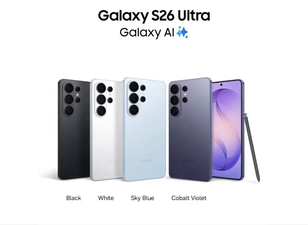 Samsung Galaxy S26 Ultra shown in Black, White, Sky Blue, and Cobalt Violet, with rear cameras visible and S Pen displayed beside the front screen.