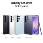 Samsung Galaxy S26 Ultra shown in Black, White, Sky Blue, and Cobalt Violet, with rear cameras visible and S Pen displayed beside the front screen.