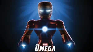 Marvel Omega Codes February 2026 Free Cash List A stylized Iron Man from Marvel Omega with glowing eyes, arc reactor, and repulsor rays, set against a dark blue background.