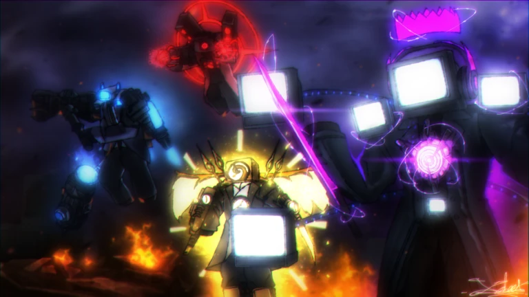 Skibi Defense Codes February 2026 Free Rewards Skibi Defense anime-style image shows four robot characters with screen heads, glowing in blue, red, yellow, and purple, in an action scene with flames.